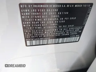 2020 Volkswagen Tiguan S with VIN 3VV1B7AXXLM036994, listed as a IAAI auction lot 42643035 with 62,676 mi miles and . Bid and sale history available at DreamBid. Image 9.