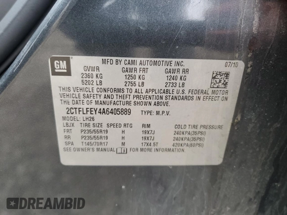 2010 GMC Terrain SLT-1 z VIN 2CTFLFEY4A6405889, wystawiony jako Copart lot #53002585 z przebiegiem 217 270 mil mil oraz Czysty tytuł • Clean title. Historia ofert i sprzedaży dostępna na DreamBid. Obrazek 13.
