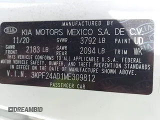 2021 Kia Forte LXS с VIN 3KPF24AD1ME309812, выставлен на аукционе IAAI как лот 42152250 с пробегом 78 471 миль миль и . История ставок и продаж доступна на DreamBid. Изображение 9.