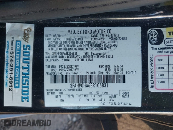 2011 Ford Fusion SE with VIN 3FAHP0HA6BR106831, listed as a IAAI auction lot 41853144 with 138,567 mi miles and . Bid and sale history available at carsss.com. Image 9.