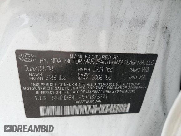 2018 Hyundai Elantra SEL with VIN 5NPD84LF8JH375771, listed as a Copart auction lot 53786965 with 87,605 mi miles and Salvage Title. Bid and sale history available at DreamBid. Image 13.