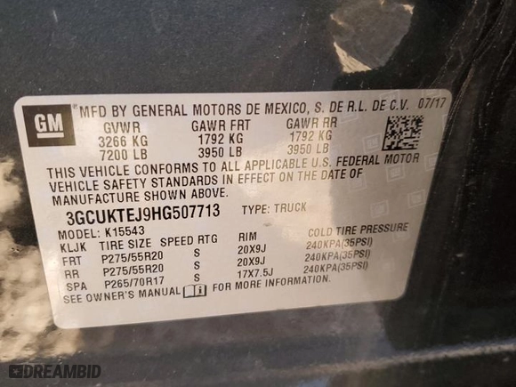 2017 Chevrolet Silverado 1500 High Country with VIN 3GCUKTEJ9HG507713, listed as a Copart auction lot 43930665 with 106,808 mi miles and Salvage Title. Bid and sale history available at carsss.com. Image 13.
