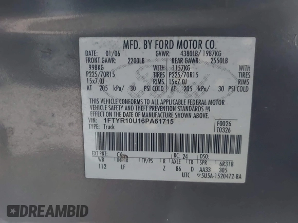 2006 Ford Ranger XL with VIN 1FTYR10U16PA61715, listed as a IAAI auction lot 41790274 with 1 mi miles. Bid and sale history available at carsss.com. Image 9.