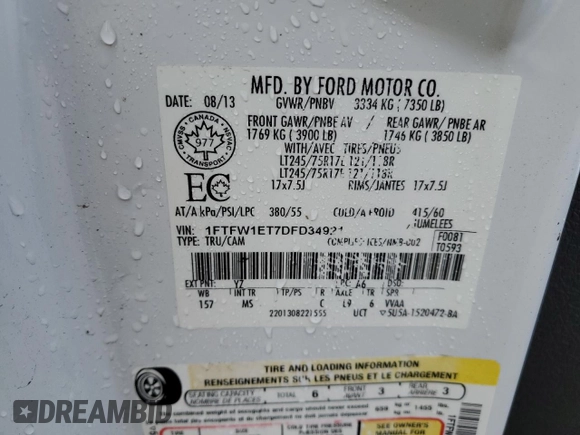 2013 Ford F-150 XL with VIN 1FTFW1ET7DFD34921, listed as a Copart auction lot 48398155 with 182,981 mi miles and Clean Title. Bid and sale history available at carsss.com. Image 12.