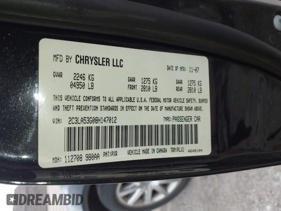 2008 Chrysler 300 Touring with VIN 2C3LA53G08H147012, listed as a IAAI auction lot 42109759 with 169,244 mi miles. Bid and sale history available at carsss.com. Image 9.