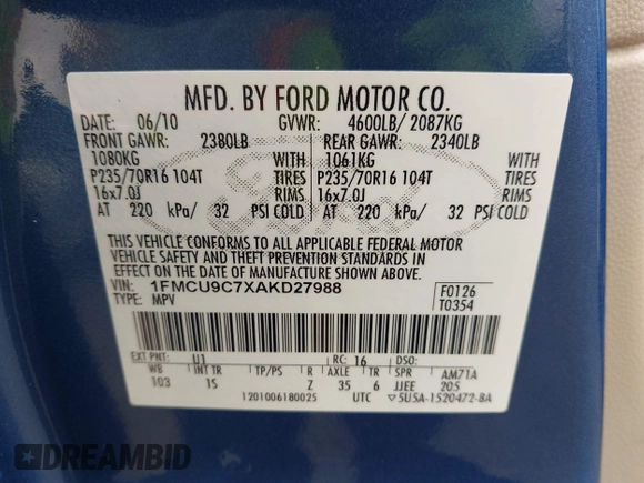 2010 Ford Escape XLS с VIN 1FMCU9C7XAKD27988, выставлен на аукционе IAAI как лот 42071415 с пробегом 130 176 миль миль и . История ставок и продаж доступна на DreamBid. Изображение 9.