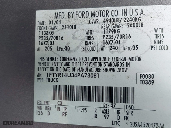 2004 Ford Ranger XL with VIN 1FTYR14U34PA73081, listed as a IAAI auction lot 40298515 with 265,466 mi miles. Bid and sale history available at carsss.com. Image 9.