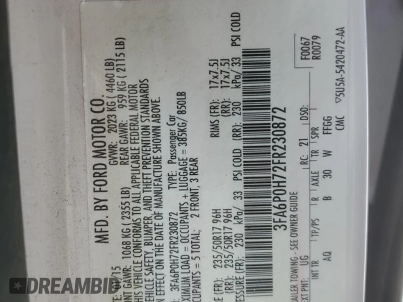 2015 Ford Fusion SE with VIN 3FA6P0H72FR230872, listed as a Copart auction lot 53367635 with 212,845 mi miles and Salvage Title. Bid and sale history available at carsss.com. Image 13.