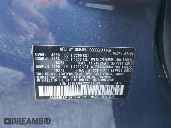 2025 Subaru Outback Limited with VIN 4S4BTANC2S3124583, listed as a Copart auction lot 41862915 with 4,215 mi miles and Salvage Title. Bid and sale history available at carsss.com. Image 12.