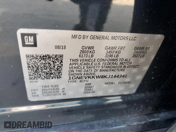 2019 Chevrolet Traverse Premier with VIN 1GNEVKKW8KJ144341, listed as a Copart auction lot 67153384 with 147,394 mi miles and Salvage Title. Bid and sale history available at carsss.com. Image 13.