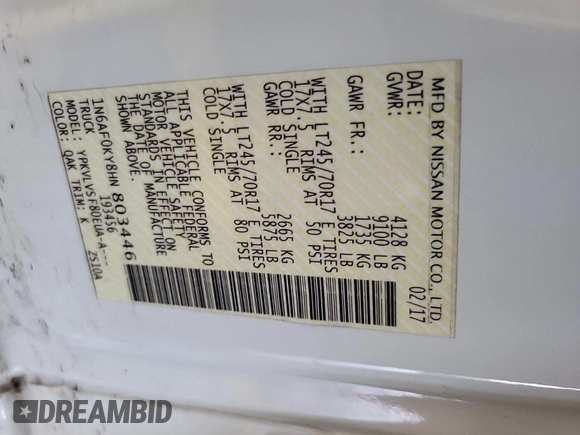2017 Nissan NV SV with VIN 1N6AF0KY8HN803446, listed as a IAAI auction lot 42129445 with 157,498 mi miles and . Bid and sale history available at DreamBid. Image 1.