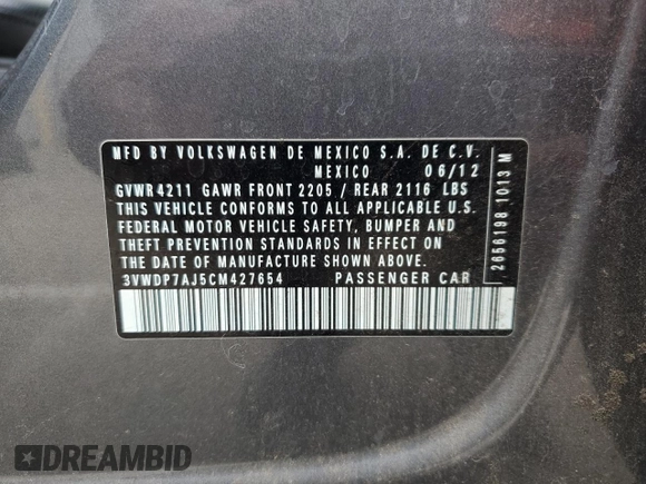 2012 Volkswagen Jetta SE with VIN 3VWDP7AJ5CM427654, listed as a Copart auction lot 60305055 with 138,222 mi miles and Salvage title. Bid and sale history available at DreamBid. Image 13.