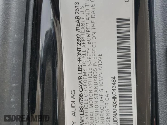 2017 Audi A4 Season of Audi Premium with VIN WAUDNAF4XHN043484, listed as a Copart auction lot 49296275 with 58,738 mi miles and Salvage Title. Bid and sale history available at carsss.com. Image 14.