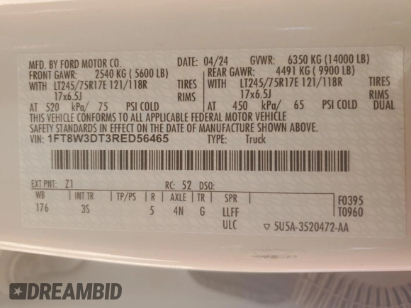 2024 Ford F-350 XL with VIN 1FT8W3DT3RED56465, listed as a Copart auction lot 48346205 with Not Provided miles and Salvage Title. Bid and sale history available at DreamBid. Image 12.