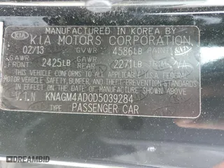 2013 Kia Optima Hybrid LX with VIN KNAGM4AD0D5039284, listed as a Copart auction lot 60483044 with 148,338 mi miles and Clean Title. Bid and sale history available at carsss.com. Image 12.