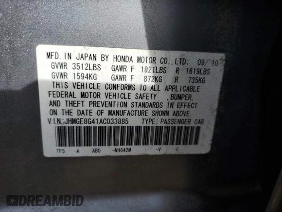 2010 Honda Fit Sport with VIN JHMGE8G41AC033885, listed as a Copart auction lot 49793605 with 114,910 mi miles and Salvage title. Bid and sale history available at DreamBid. Image 12.