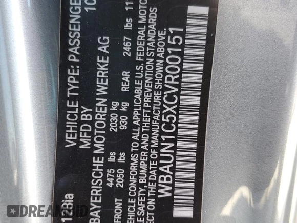 2012 BMW 1 Series 128i with VIN WBAUN1C5XCVR00151, listed as a Copart auction lot 56040445 with 171,302 mi miles and Salvage title. Bid and sale history available at DreamBid. Image 12.