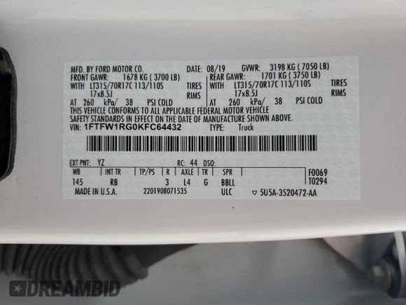 2019 Ford F-150 Raptor with VIN 1FTFW1RG0KFC64432, listed as a Copart auction lot 48307085 with 51,780 mi miles and Salvage Title. Bid and sale history available at carsss.com. Image 13.