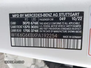 2023 Mercedes-Benz S-Class S 580e with VIN W1K6G6KBXPA192254, listed as a IAAI auction lot 40193174 with 6,178 mi miles. Bid and sale history available at carsss.com. Image 9.