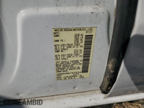 2017 Nissan Frontier SV with VIN 1N6DD0EV8HN767634, listed as a Copart auction lot 88395005 with Not provided miles and Salvage title. Bid and sale history available at DreamBid. Image 12.