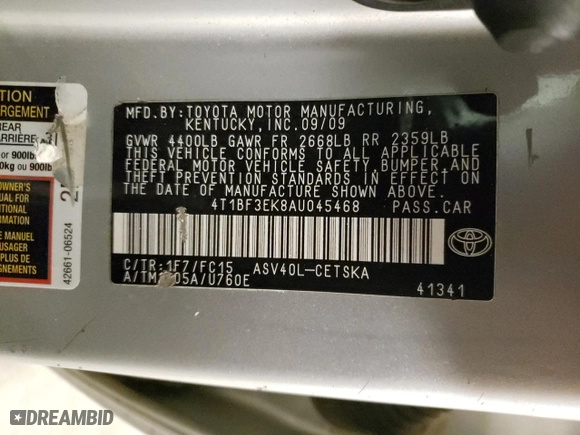 2010 Toyota Camry with VIN 4T1BF3EK8AU045468, listed as a Copart auction lot 48384745 with 264,811 mi miles and Salvage Title. Bid and sale history available at carsss.com. Image 14.