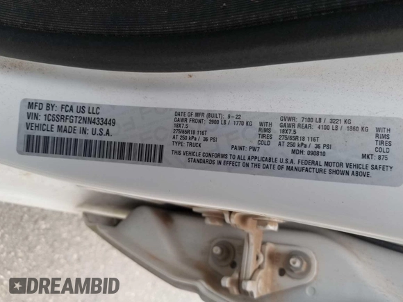 2022 Ram 1500 Tradesman с VIN 1C6SRFGT2NN433449, выставлен на аукционе IAAI как лот 42600128 с пробегом 91 606 миль миль и . История ставок и продаж доступна на DreamBid. Изображение 26.