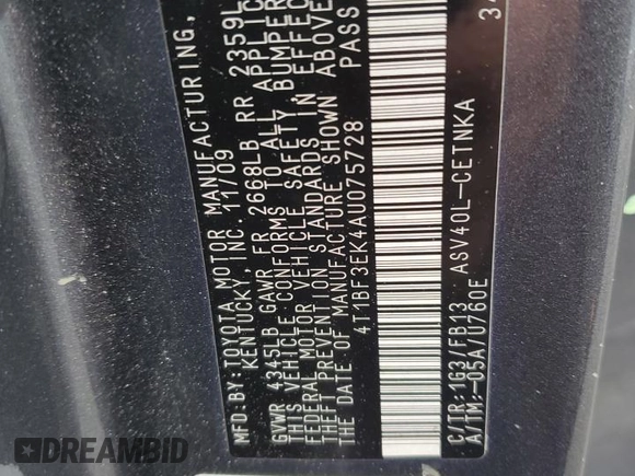 2010 Toyota Camry z VIN 4T1BF3EK4AU075728, wystawiony jako Copart lot #53167255 z przebiegiem 177 346 mil mil oraz Szkoda całkowita • Salvage title. Historia ofert i sprzedaży dostępna na DreamBid. Obrazek 12.