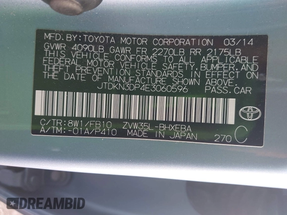 2014 Toyota Prius z VIN JTDKN3DP4E3060596, wystawiony jako IAAI lot #42344224 z przebiegiem 95 043 mil mil oraz . Historia ofert i sprzedaży dostępna na DreamBid. Obrazek 9.