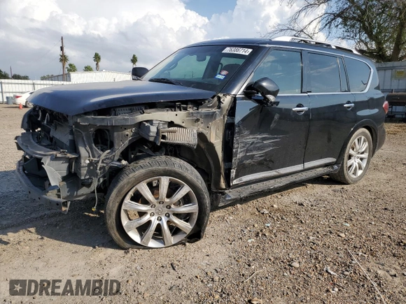 2012 Infiniti QX56 8-passenger with VIN JN8AZ2ND0C9715849, listed as a Copart auction lot 76386714 with 215,768 mi miles and Salvage Title. Bid and sale history available at carsss.com. Image 1.