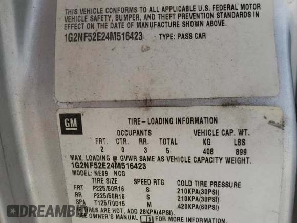 2004 Pontiac Grand Am SE1 z VIN 1G2NF52E24M516423, wystawiony jako Copart lot #50738105 z przebiegiem 196 844 mil mil oraz Szkoda całkowita • Salvage title. Historia ofert i sprzedaży dostępna na DreamBid. Obrazek 12.
