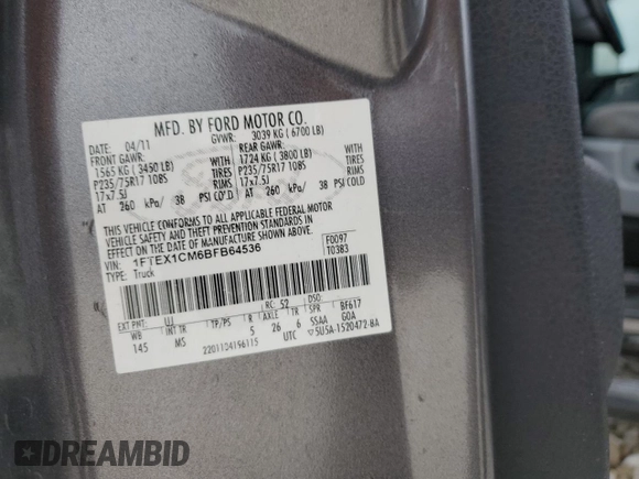 2011 Ford F-150 XL с VIN 1FTEX1CM6BFB64536, выставлен на аукционе Copart как лот 52830605 с пробегом 146 965 миль миль и Чистый • Clean title. История ставок и продаж доступна на DreamBid. Изображение 12.