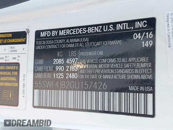 2016 Mercedes-Benz C 300 with VIN 55SWF4JB2GU157426, listed as a IAAI auction lot 41137261 with 99,714 mi miles and . Bid and sale history available at carsss.com. Image 9.