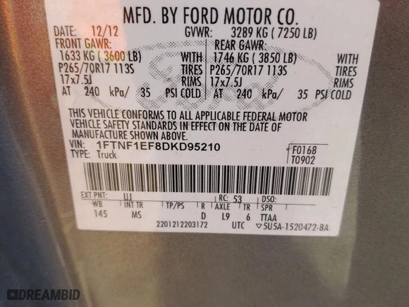2013 Ford F-150 XL with VIN 1FTNF1EF8DKD95210, listed as a Copart auction lot 72623714 with 203,380 mi miles and Salvage Title. Bid and sale history available at carsss.com. Image 12.