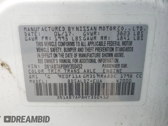 2017 Nissan Sentra S с VIN 3N1AB7AP8HY350452, выставлен на аукционе Copart как лот 61599665 с пробегом 134 403 миль миль и Списание • Salvage title. История ставок и продаж доступна на DreamBid. Изображение 12.