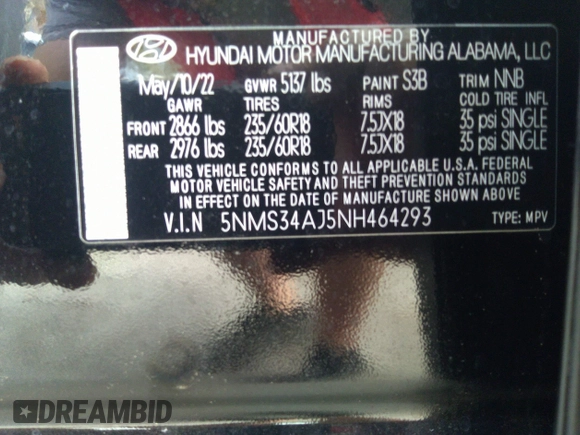 2022 Hyundai Santa Fe SEL with VIN 5NMS34AJ5NH464293, listed as a IAAI auction lot 35855493 with 5,802 mi miles and . Bid and sale history available at DreamBid. Image 9.