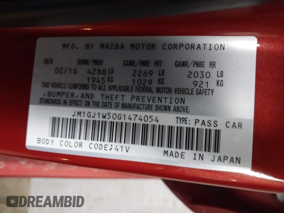 2016 Mazda 6 i Grand Touring с VIN JM1GJ1W50G1474054, выставлен на аукционе IAAI как лот 42162163 с пробегом 97 169 миль миль и . История ставок и продаж доступна на DreamBid. Изображение 9.