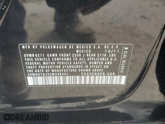 2012 Volkswagen Jetta SE with VIN 3VWDX7AJ3CM338441, listed as a Copart auction lot 60853055 with 151,075 mi miles and Salvage title. Bid and sale history available at DreamBid. Image 12.
