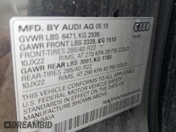 2019 Audi Q8 Prestige with VIN WA1FVAF10KD040943, listed as a Copart auction lot 54620815 with 80,399 mi miles and Clean title. Bid and sale history available at DreamBid. Image 14.