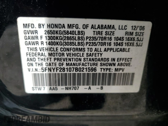 2007 Honda Pilot LX z VIN 5FNYF28107B021596, wystawiony jako Copart lot #51256235 z przebiegiem 176 391 mil mil oraz Czysty tytuł • Clean title. Historia ofert i sprzedaży dostępna na DreamBid. Obrazek 12.