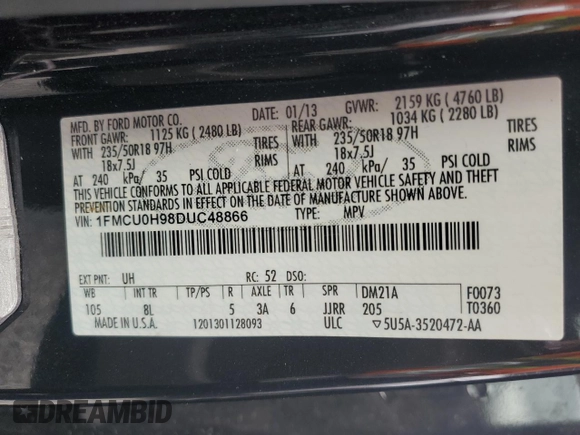 2013 Ford Escape SEL with VIN 1FMCU0H98DUC48866, listed as a Copart auction lot 51103295 with 92,119 mi miles and Salvage Title. Bid and sale history available at carsss.com. Image 13.