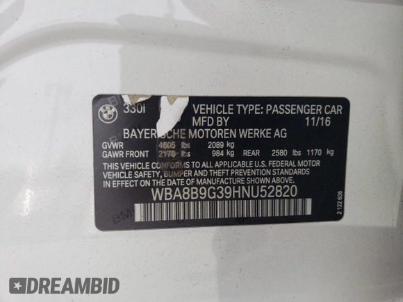 2017 BMW 3 Series 330i z VIN WBA8B9G39HNU52820, wystawiony jako Copart lot #54527795 z przebiegiem 99 388 mil mil oraz Szkoda całkowita • Salvage title. Historia ofert i sprzedaży dostępna na DreamBid. Obrazek 12.