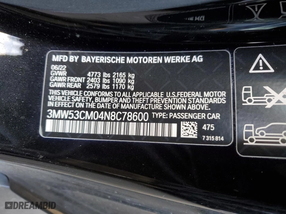 2022 BMW 2 Series M240i xDrive with VIN 3MW53CM04N8C78600, listed as a Copart auction lot 88355955 with 0 mi miles and Salvage Title. Bid and sale history available at carsss.com. Image 12.