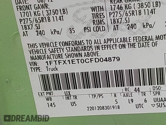2012 Ford F-150 XL с VIN 1FTFX1ET0CFD04879, выставлен на аукционе IAAI как лот 42290631 с пробегом 156 635 миль миль и . История ставок и продаж доступна на DreamBid. Изображение 9.