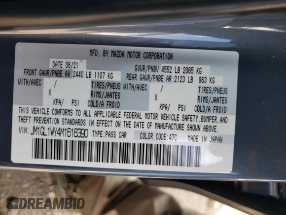 2021 Mazda 6 Grand Touring Reserve with VIN JM1GL1WY4M1616390, listed as a Copart auction lot 68140444 with 21,674 mi miles and Salvage Title. Bid and sale history available at DreamBid. Image 13.