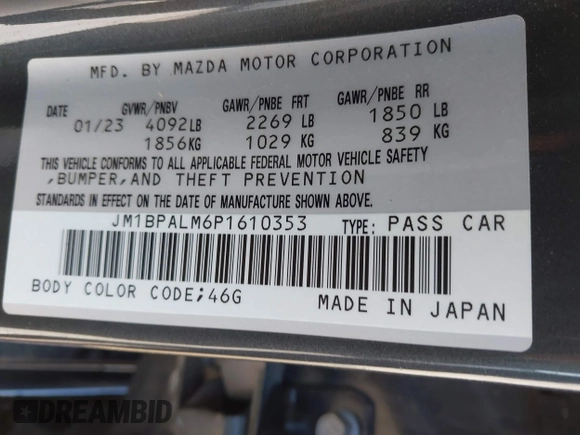 2023 Mazda 3 S Preferred with VIN JM1BPALM6P1610353, listed as a IAAI auction lot 42144106 with 55,131 mi miles and . Bid and sale history available at DreamBid. Image 9.
