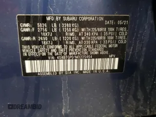 2021 Subaru Outback Touring XT with VIN 4S4BTGPD1M3225464, listed as a Copart auction lot 49187535 with 69,155 mi miles and Salvage title. Bid and sale history available at DreamBid. Image 13.