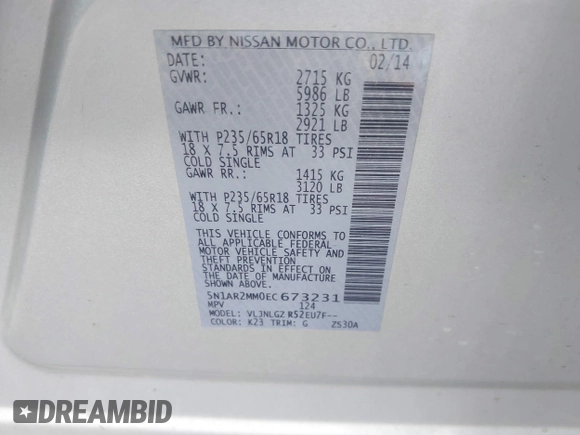 2014 Nissan Pathfinder SL z VIN 5N1AR2MM0EC673231, wystawiony jako IAAI lot #42482133 z przebiegiem 168 630 mil mil oraz . Historia ofert i sprzedaży dostępna na DreamBid. Obrazek 9.