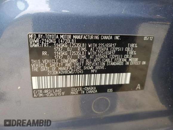 2012 Toyota RAV4 Limited с VIN 2T3DK4DV8CW077045, выставлен на аукционе Copart как лот 58560415 с пробегом 110 122 миль миль и Списание • Salvage title. История ставок и продаж доступна на DreamBid. Изображение 13.