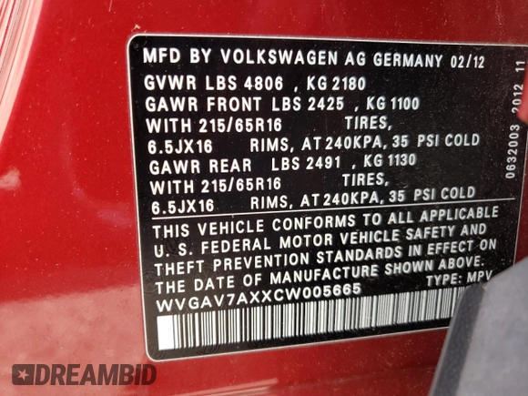 2012 Volkswagen Tiguan SE z VIN WVGAV7AXXCW005665, wystawiony jako Copart lot #58413145 z przebiegiem 197 505 mil mil oraz Tytuł czysty. Historia ofert i sprzedaży dostępna na DreamBid. Obrazek 13.