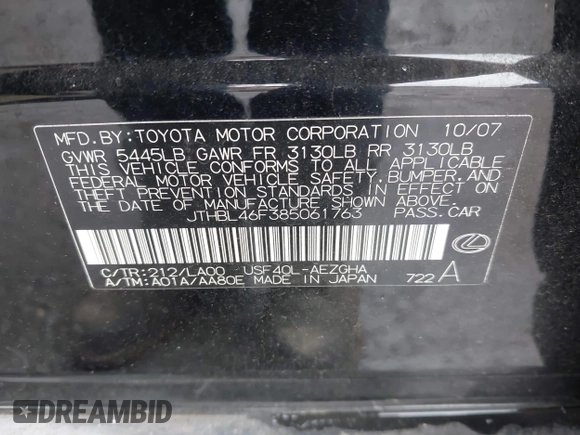 2008 Lexus LS 460 z VIN JTHBL46F385061763, wystawiony jako IAAI lot #41473031 z przebiegiem 2 771 431 mil mil oraz . Historia ofert i sprzedaży dostępna na DreamBid. Obrazek 9.
